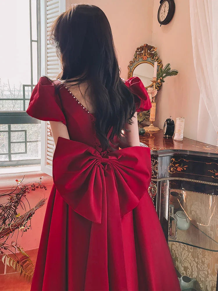 Winter Wine Red Engagement Daily French Princess On The Run Satin Dress - VAleG
