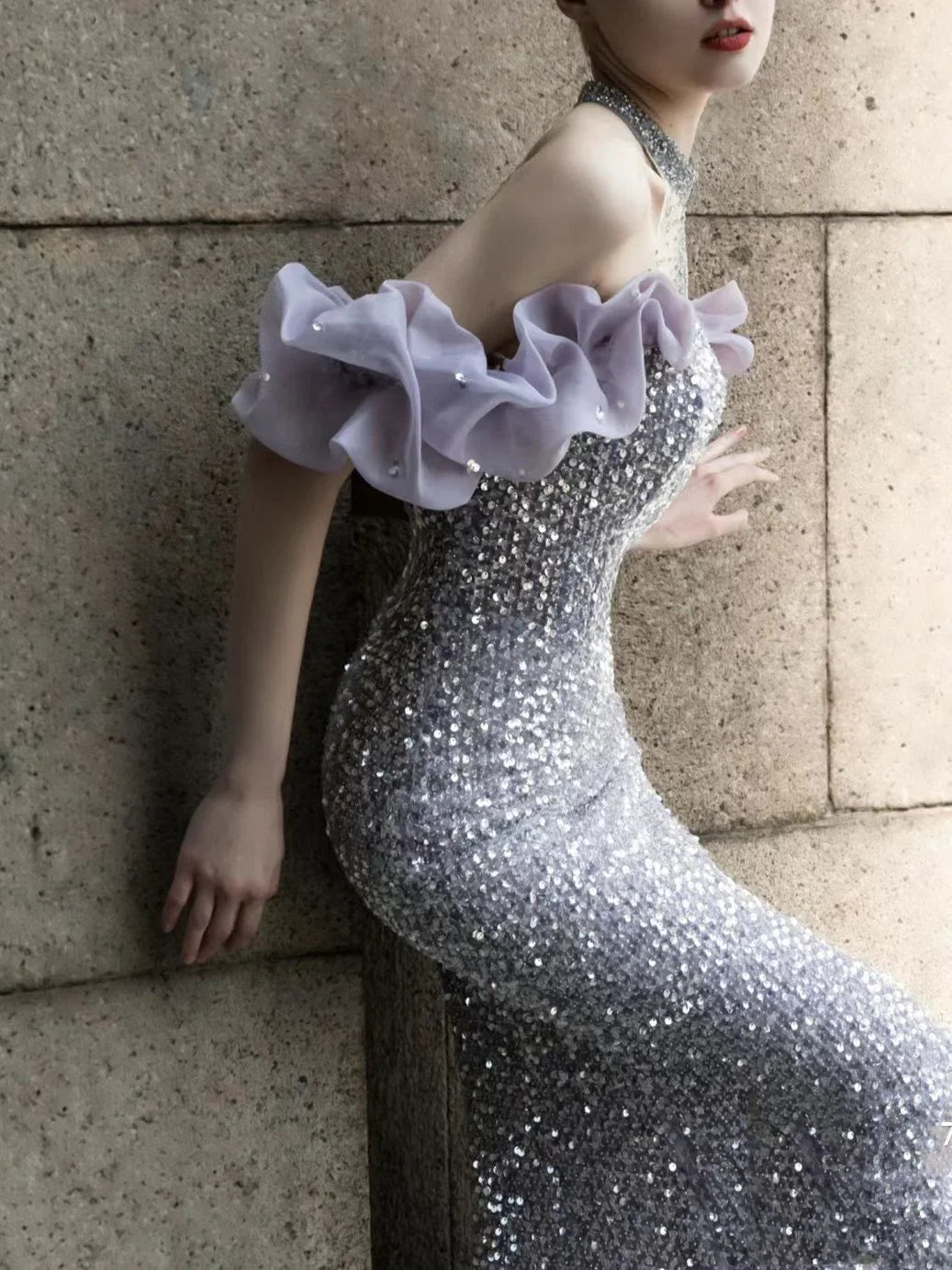 Purple Host Starry Sky Annual Meeting Beaded Toast Dress Halter Model Catwalk Fishtail - VAleG
