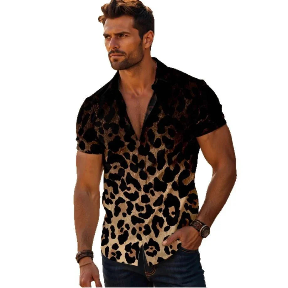 Four-sided Elastic Leopard Print Shirt Men - VAleG