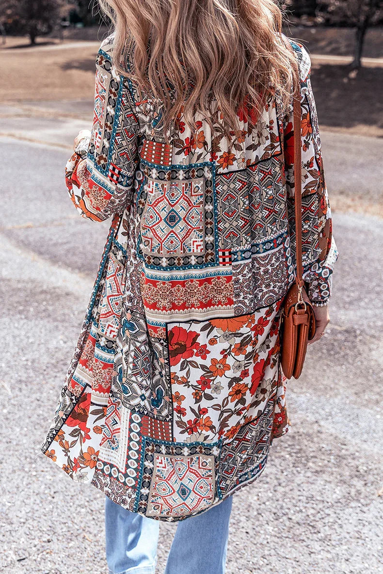 Printed Beach Cardigan Long Sleeve Top - VAleG