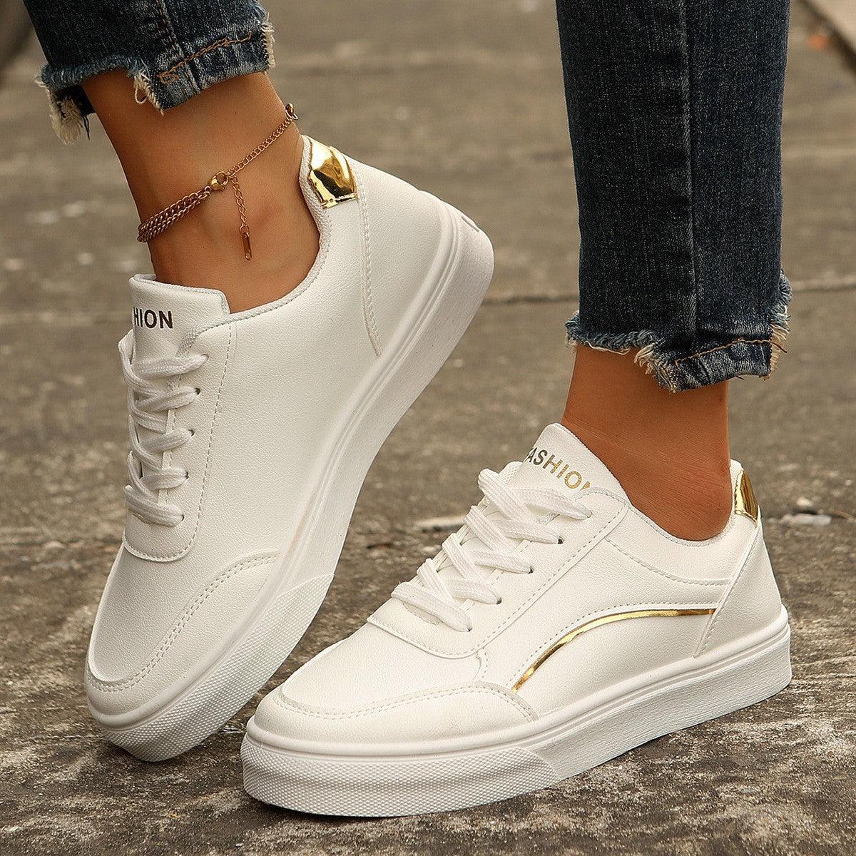 Lace-up White Flats Shoes Fashion Round Toe Slip-on Thick Sole Casual Shoes For Women - VAleG