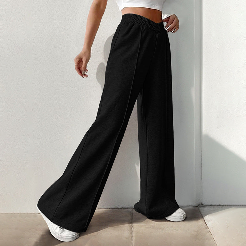Pantaloni casual a gamba larga a vita alta a colore puro da donna