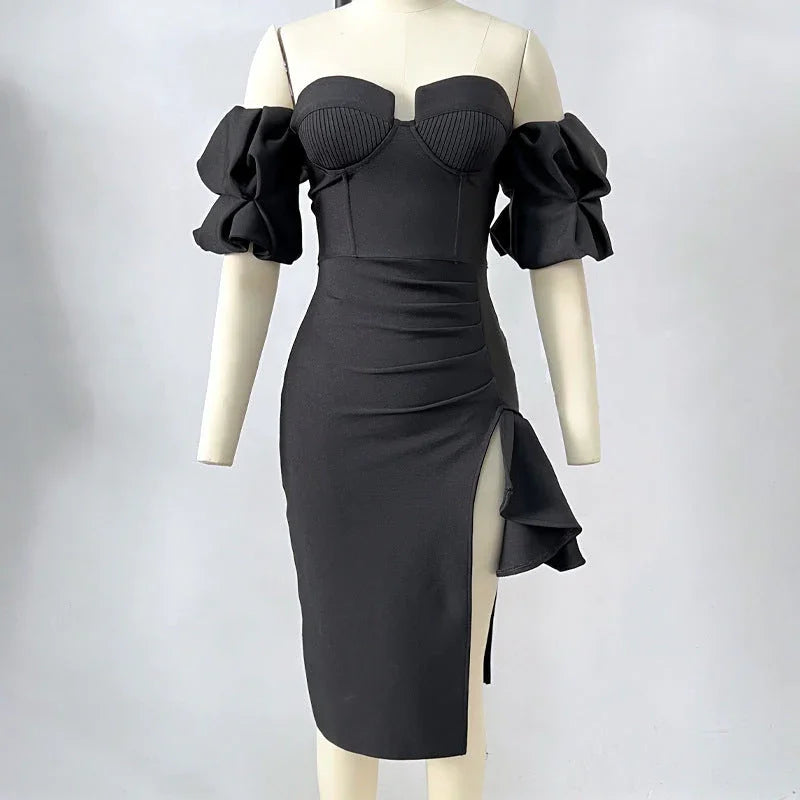 Women's Solid Color Lantern Sleeve Bandage Dress - VAleG