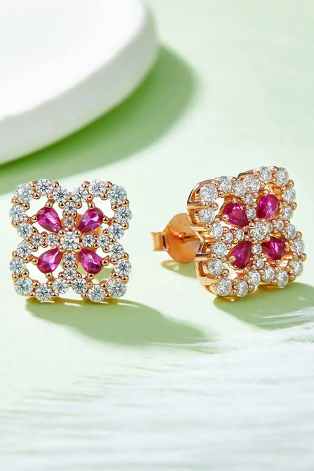 925 Sterling Silver Lab-Grown Ruby Flower Shape Stud Earrings - VAleG