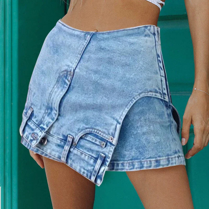 Short Irregular Solid Color Women's Denim High Street Skirt Pants - VAleG