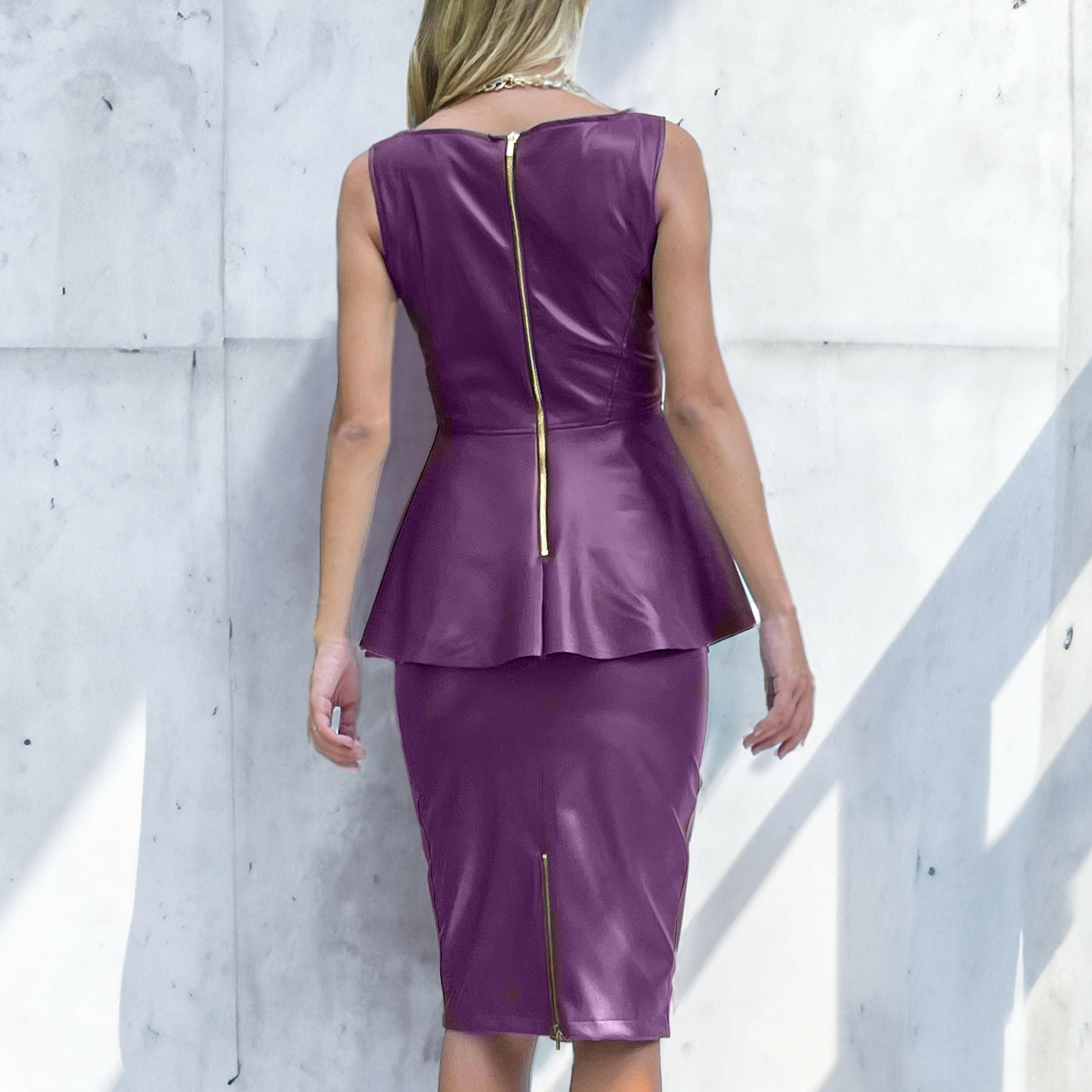 Completo 2 Pezzi Melanzana in Simil-Pelle Stretch - Gonna Tubino e Top Baschina -