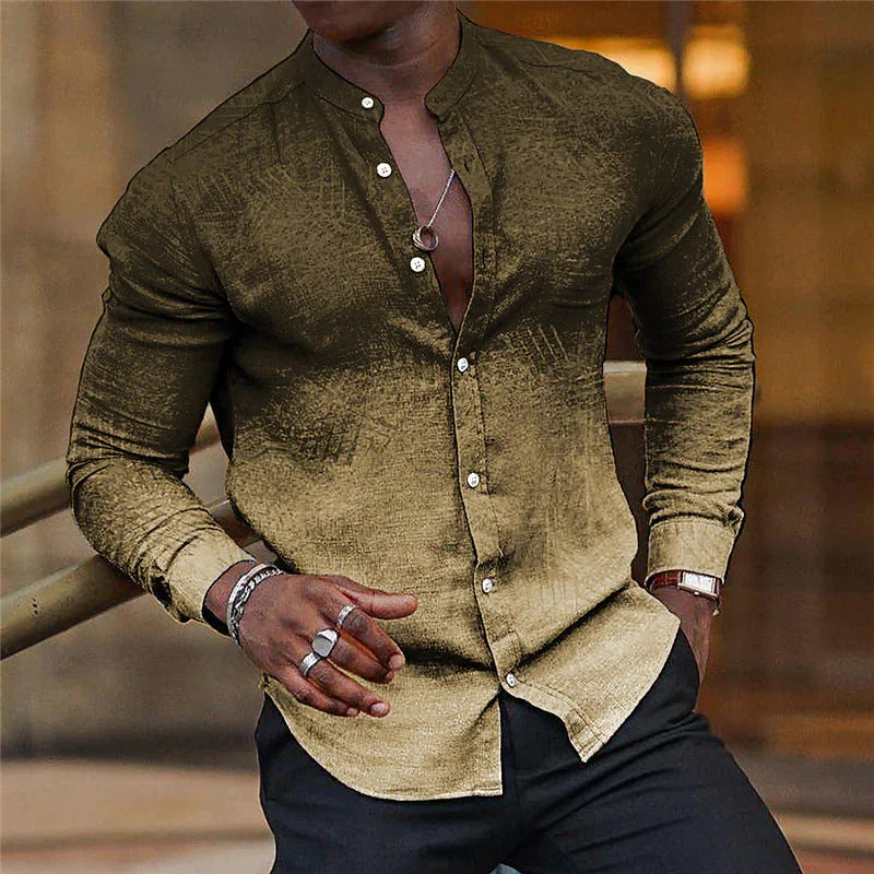 Gradient Men's Casual Long Sleeve Stand Collar Shirt - VAleG