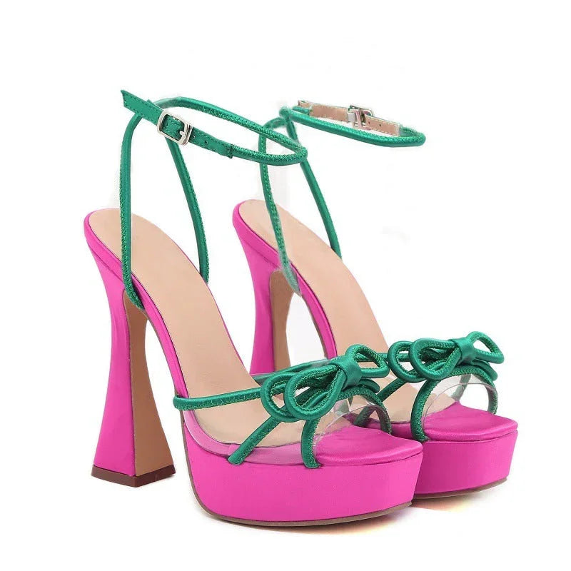 Bright Color-blocking Bow Thick-soled Buckle Chunky High Heels - VAleG