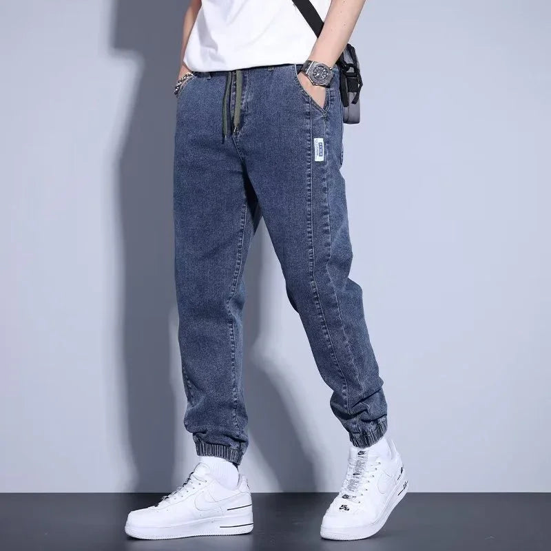 Youth Casual Harem Drawstring Elastic Elastic Beam Foot Type Men's Jeans - VAleG