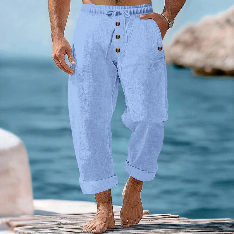 American Beach Pants Solid Color Cotton Linen Loose Drawstring Button Casual Trousers Men - VAleG