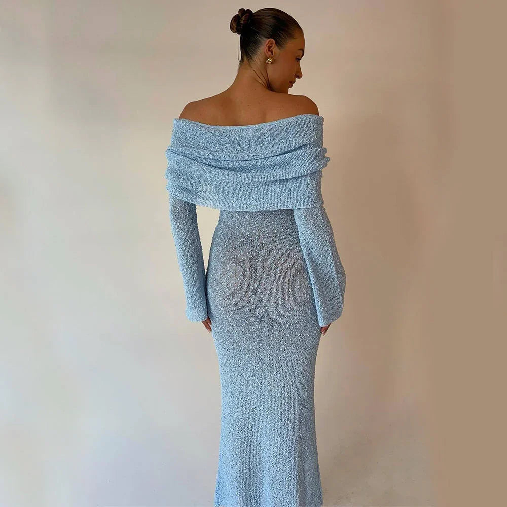 New One-shoulder Knitted Long-sleeved Dress Sexy Beach Holiday Long Dresses Womens Clothing - VAleG
