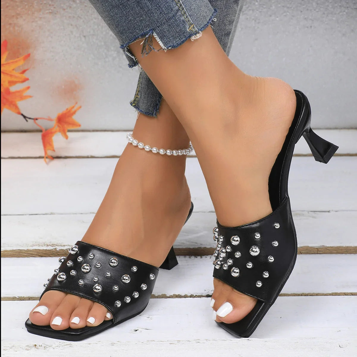 Slippers Plus Size Rivet Open Toe Stilettos - VAleG