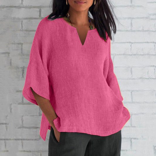 Three-quarter Sleeve Cotton And Linen V-neck Top Split Women's Clothing VAleG