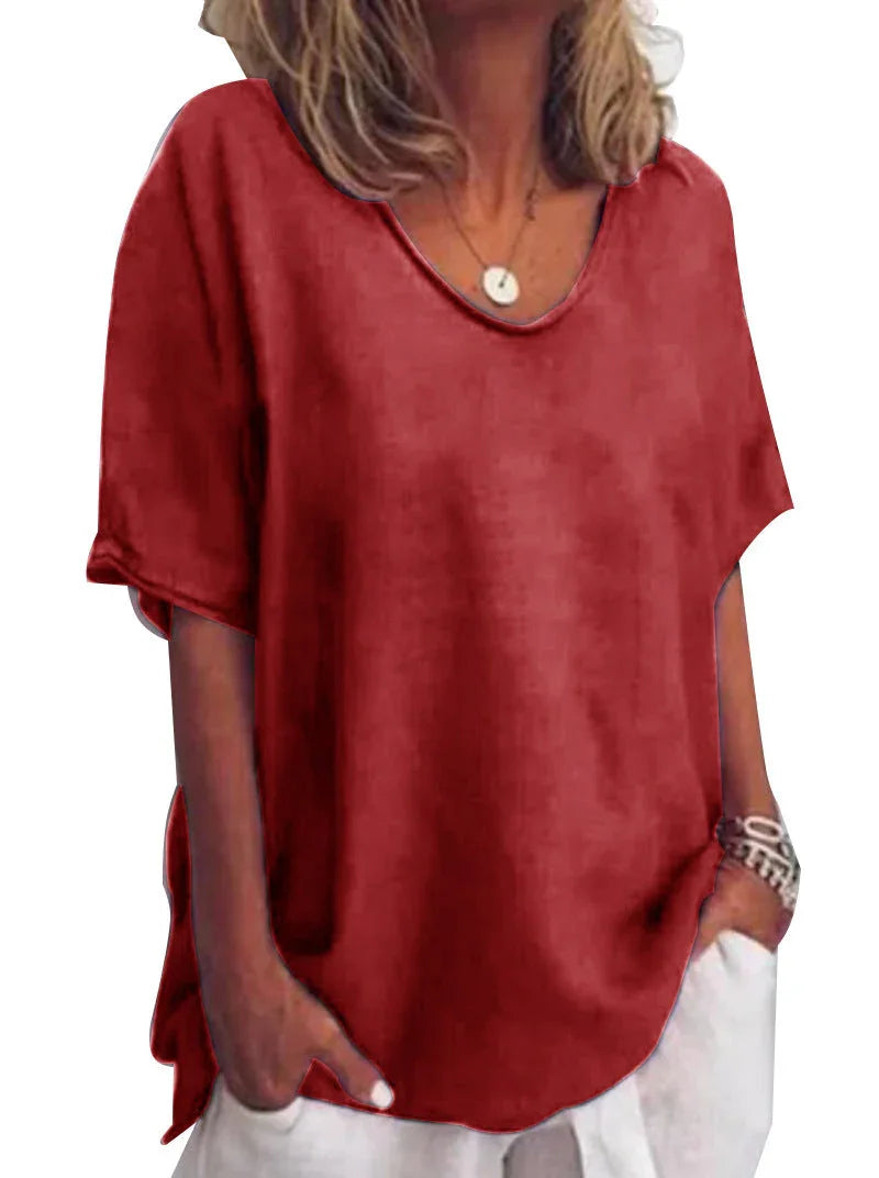 Cotton And Linen Solid Color Short-sleeved T-shirt Women's Casual Coat - VAleG