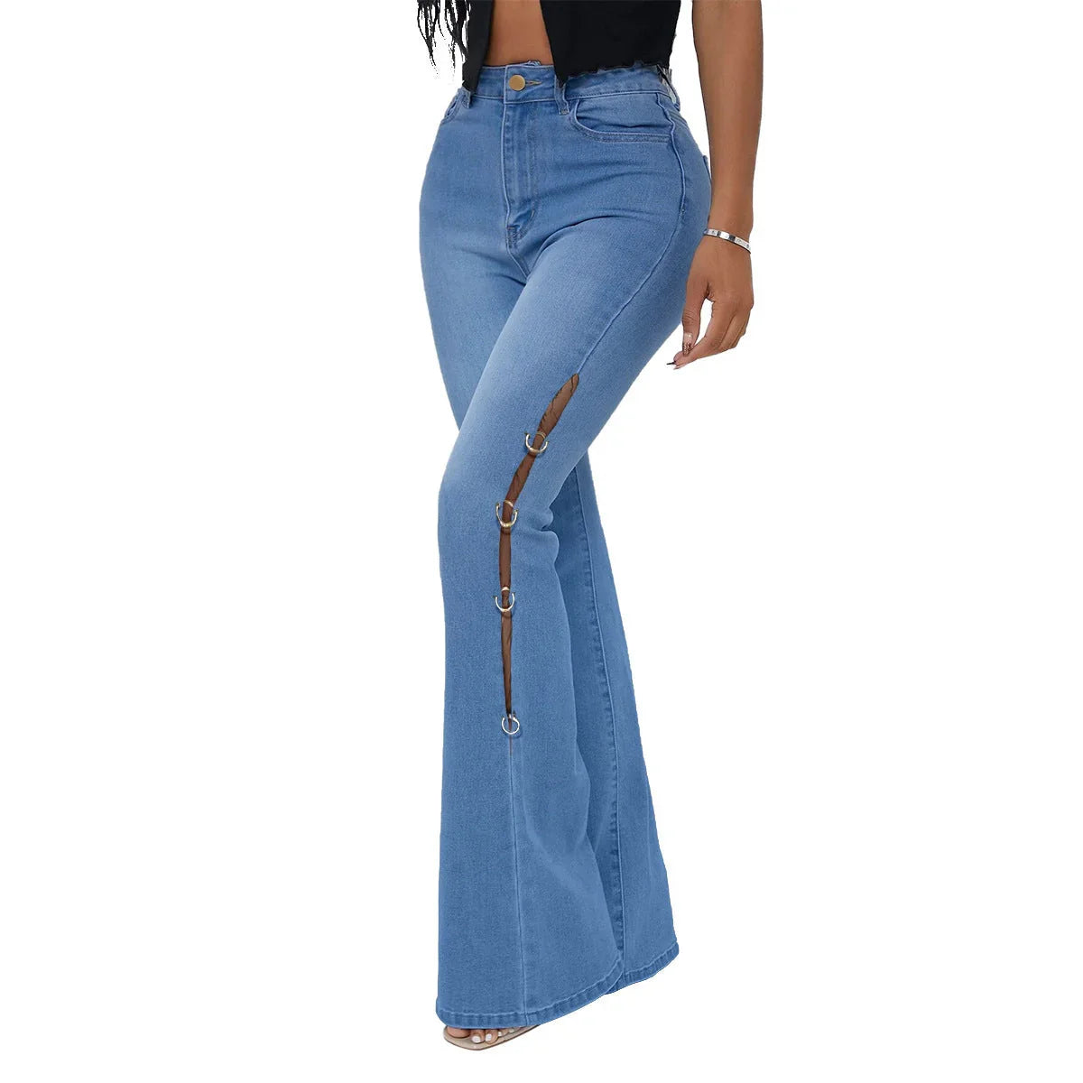 Denim Flared Pants With Metal Decoration - VAleG