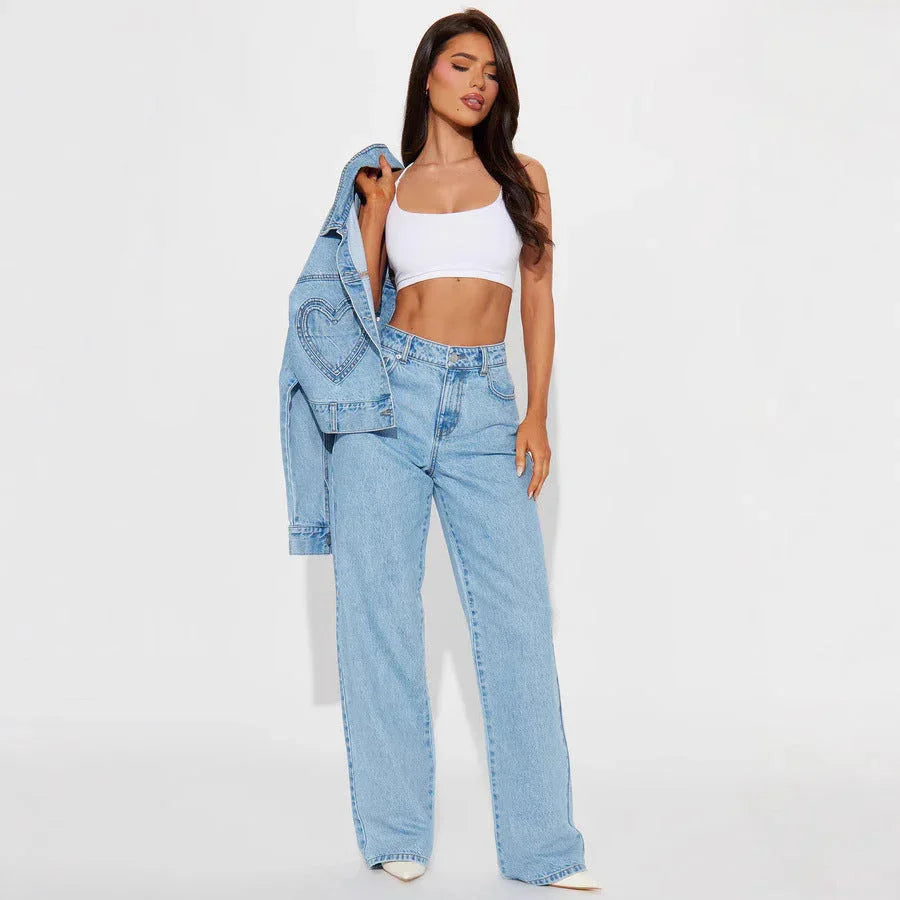 Straight Slimming Trousers Love Pocket High Waist Loose Jeans - VAleG