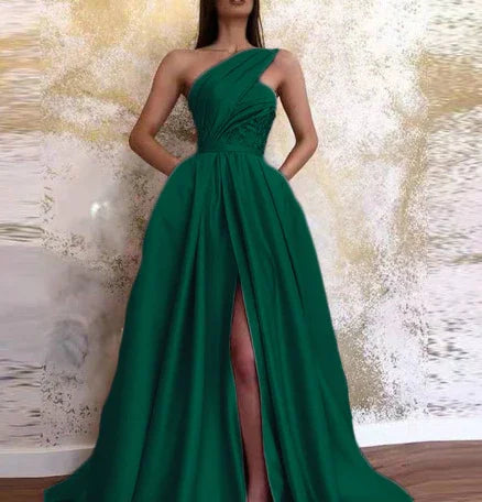 Sexy Slit Slanted Shoulder Dress Long Skirt Evening Dress - VAleG