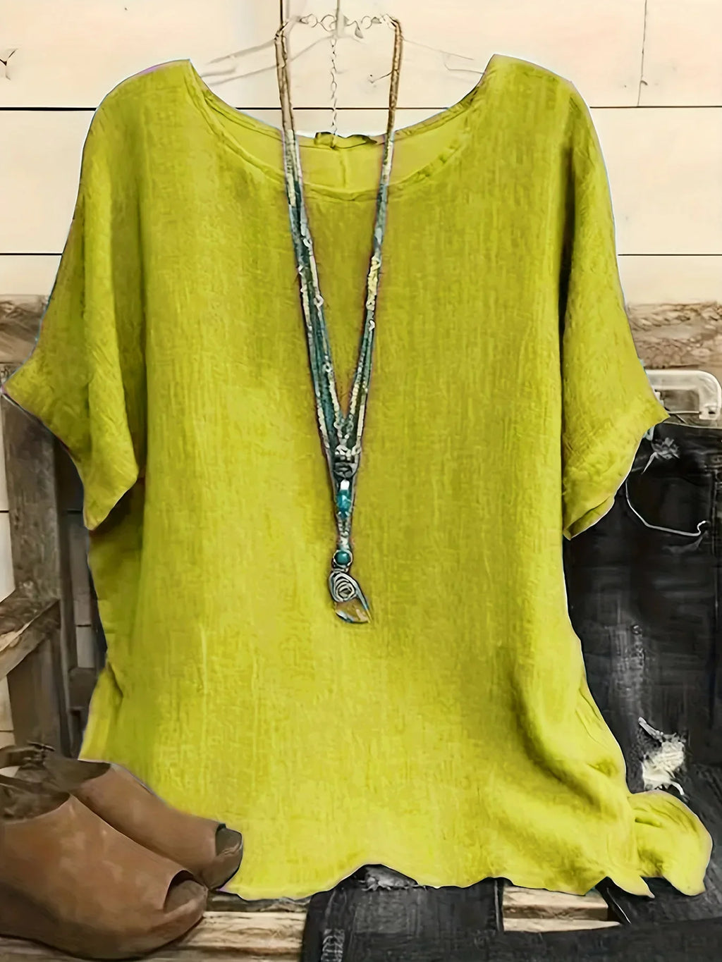 Women Fashion Casual Shirts Solid Color 3 4 Sleeve Round Neck Blouses Summer Loose Tops Streetwear - VAleG