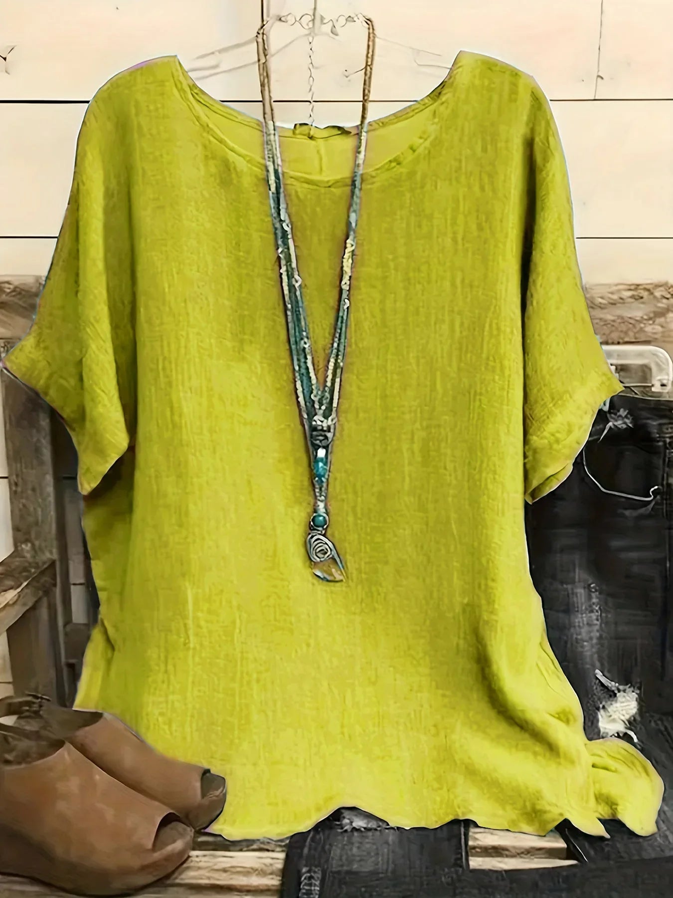 Women Fashion Casual Shirts Solid Color 3 4 Sleeve Round Neck Blouses Summer Loose Tops Streetwear - VAleG