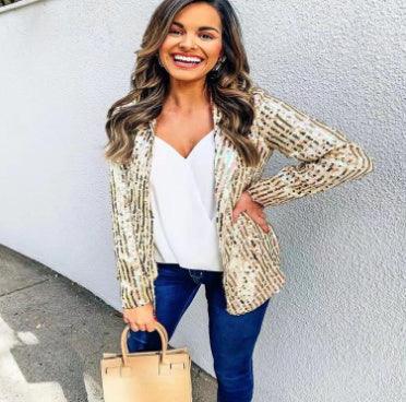 Sequined Long Sleeve Elegant Small Blazer - VAleG