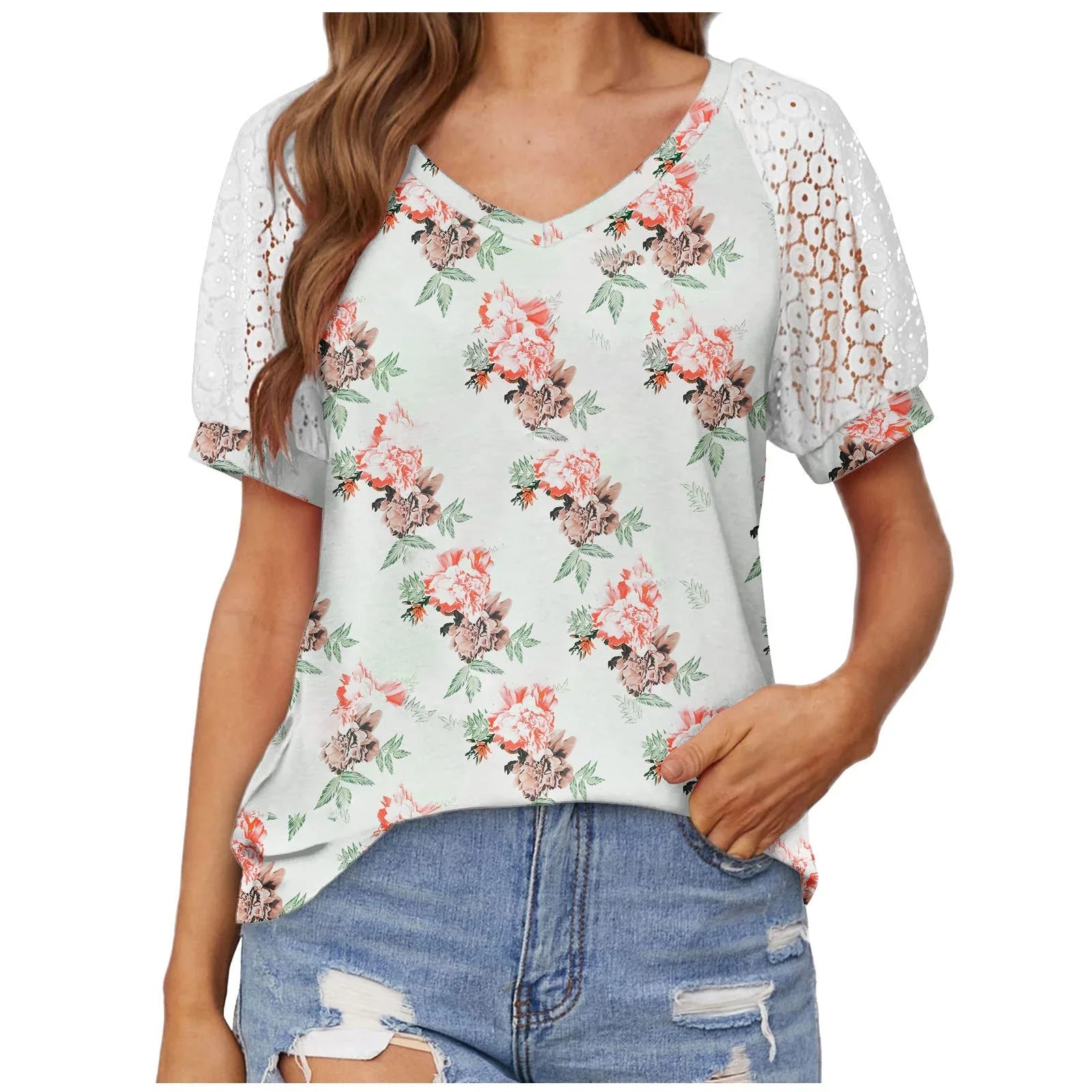 V-neck Lace Stitching Casual T-shirt For Women - VAleG