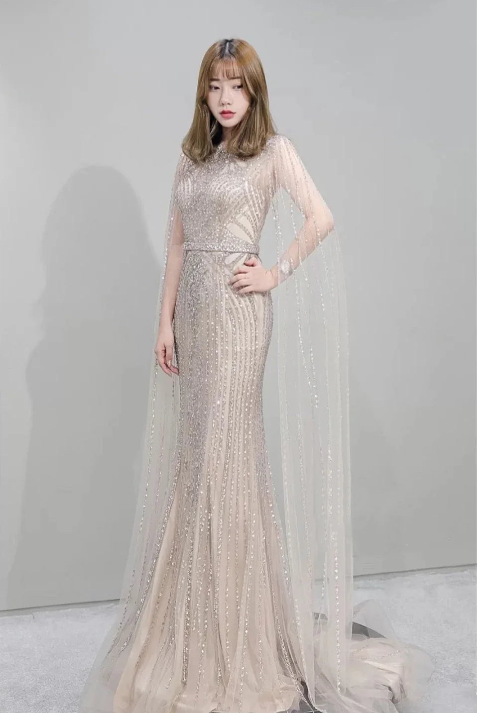 Fishtail Zipper Floating Sleeve Long Host Dress - VAleG
