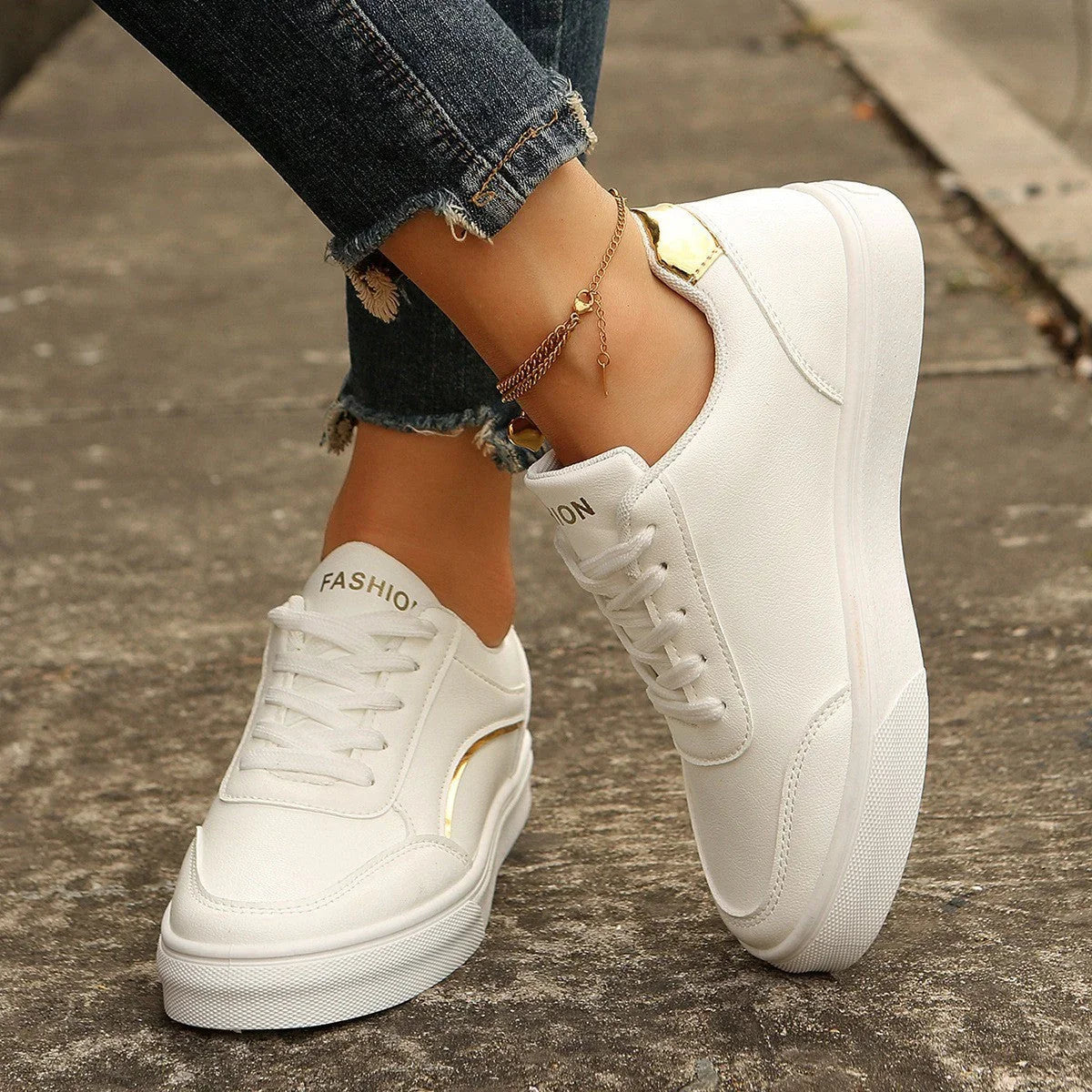 Lace-up White Flats Shoes Fashion Round Toe Slip-on Thick Sole Casual Shoes For Women - VAleG