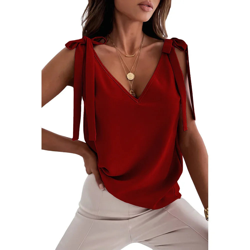 Shoulder Lace-up Bow Suspenders Vest Women's Sweet V-neck Top - VAleG