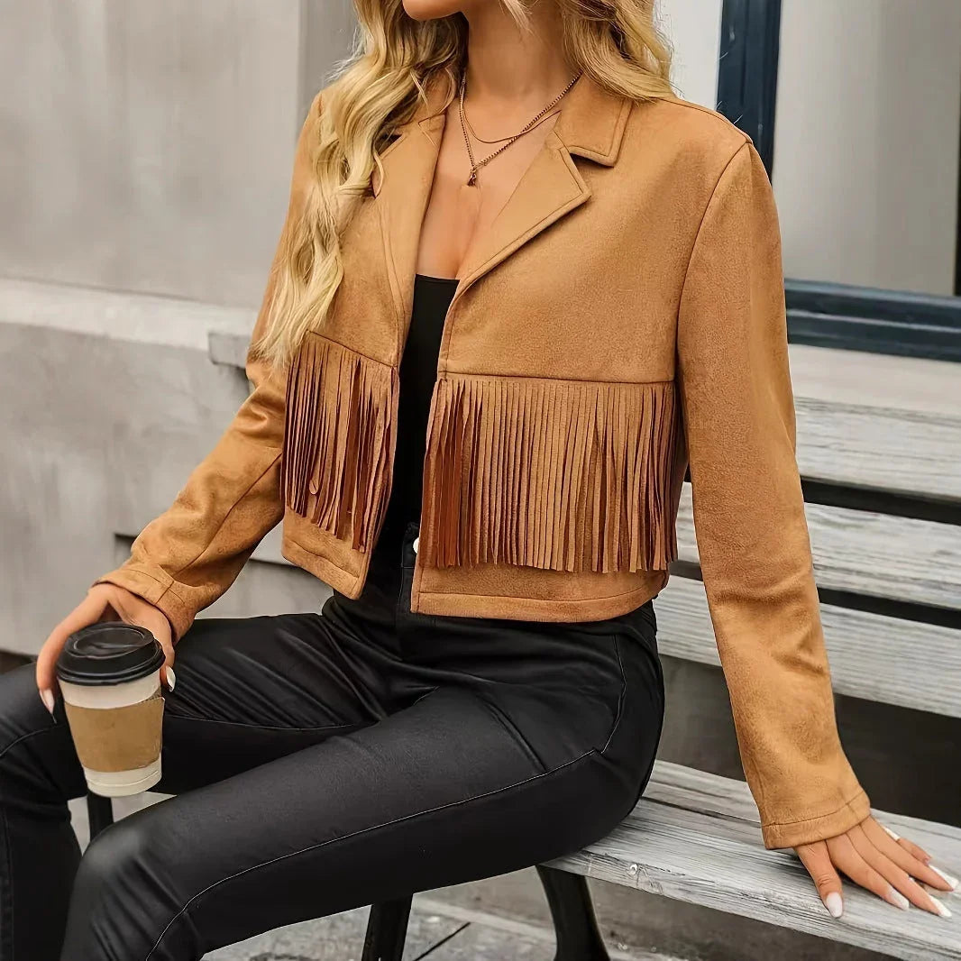 Women's Fashionable Suit Collar Long Sleeved Western Style Short Tassel Jacket - VAleG