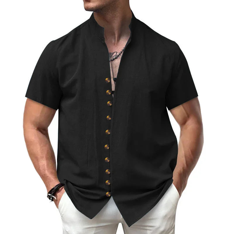 Linen Button Stand Collar Short Sleeve Shirt - VAleG