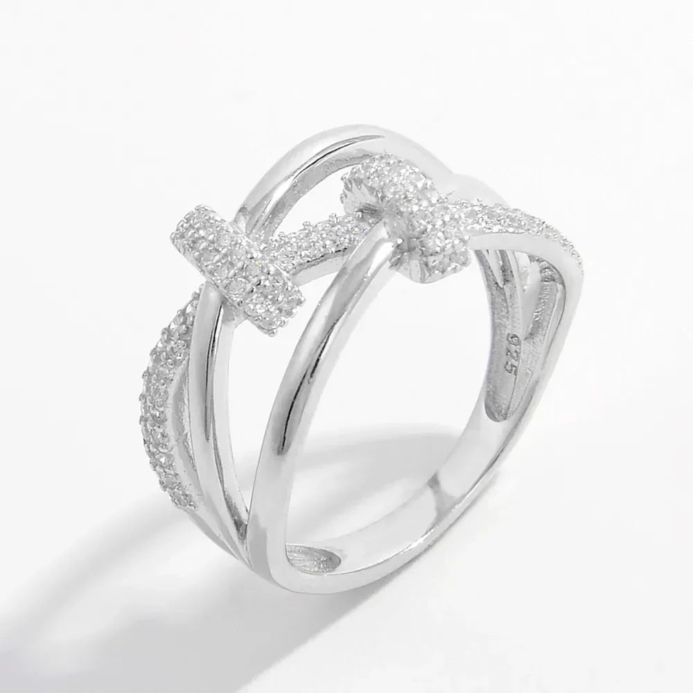 Inlaid Zircon 925 Sterling Silver Crisscross Ring - VAleG