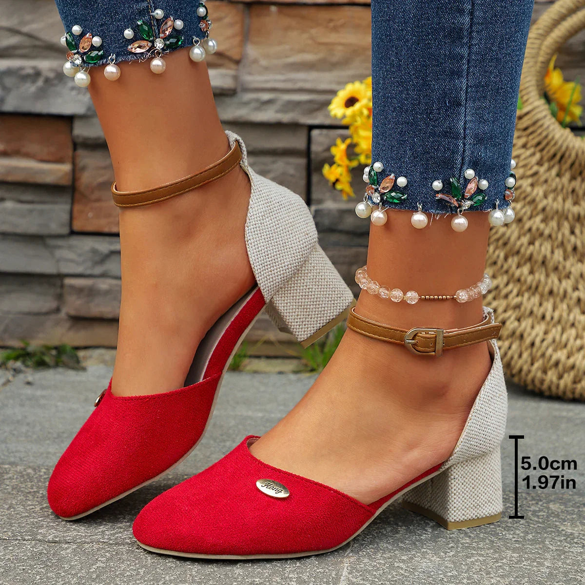 Plus Size Color Block Closed Toe Sandals Stylish And Lightweight Suede Buckle Women's Shoes - VAleG