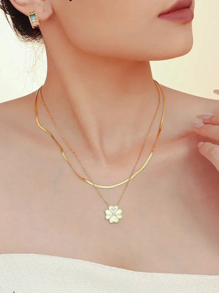 2 Piece 18K Gold-Plated Inlaid Zircon Lucky Clover Necklace - VAleG