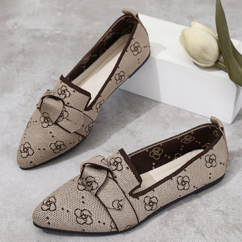 Plus Size Flyknit Flat Low-cut Shoes Female Pointed-toe Bowknot Boat Shoes - VAleG