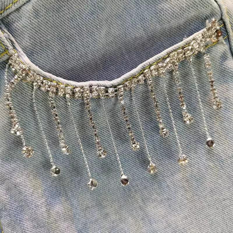 Summer High Waist Slimming Edging Heavy Industry Rhinestone Tassel Denim Shorts - VAleG