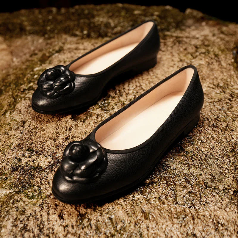Flat Bottom Round Head Genuine Leather Pumps Female Comfortable Low Heel - VAleG