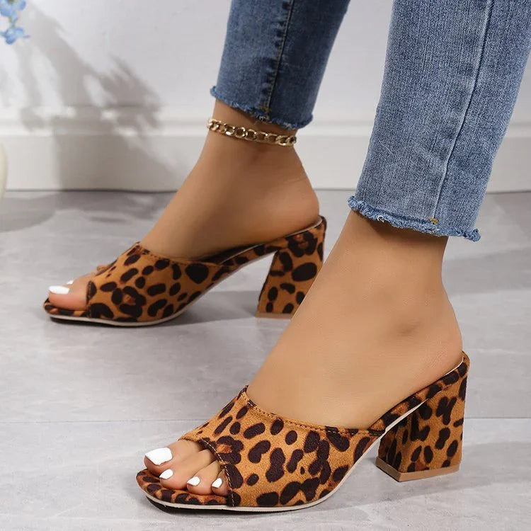 Leopard Square Toe Sandals Summer High-heeled Slippers Chunky Heel Shoes For Women - VAleG