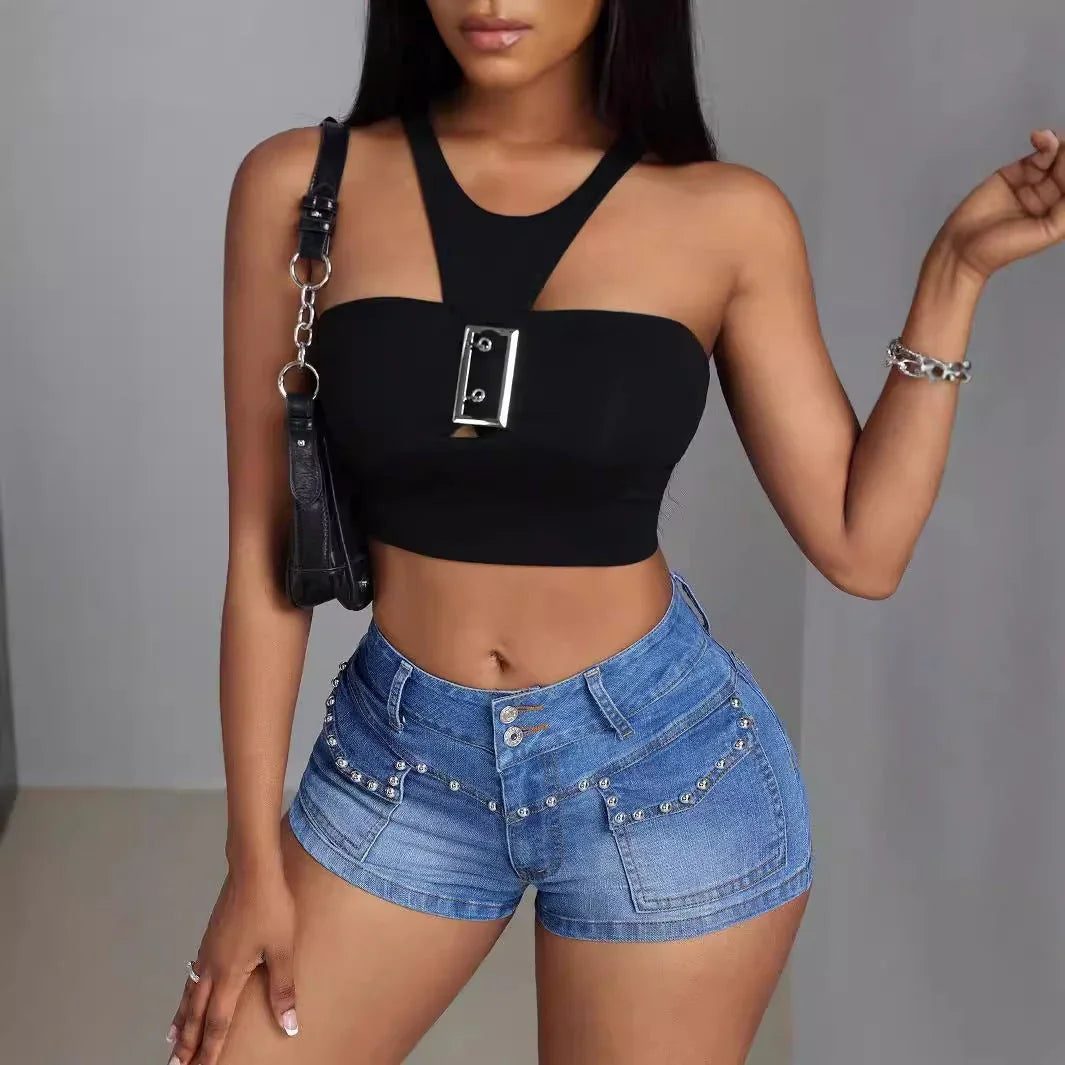 Mid-low Waist Beaded Mid-elastic Denim Shorts - VAleG