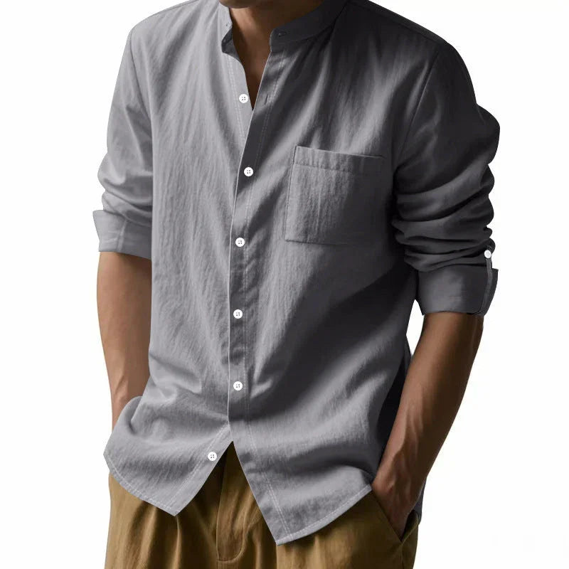 Long Sleeve Stand Collar Casual Men's Pocket Shirt - VAleG