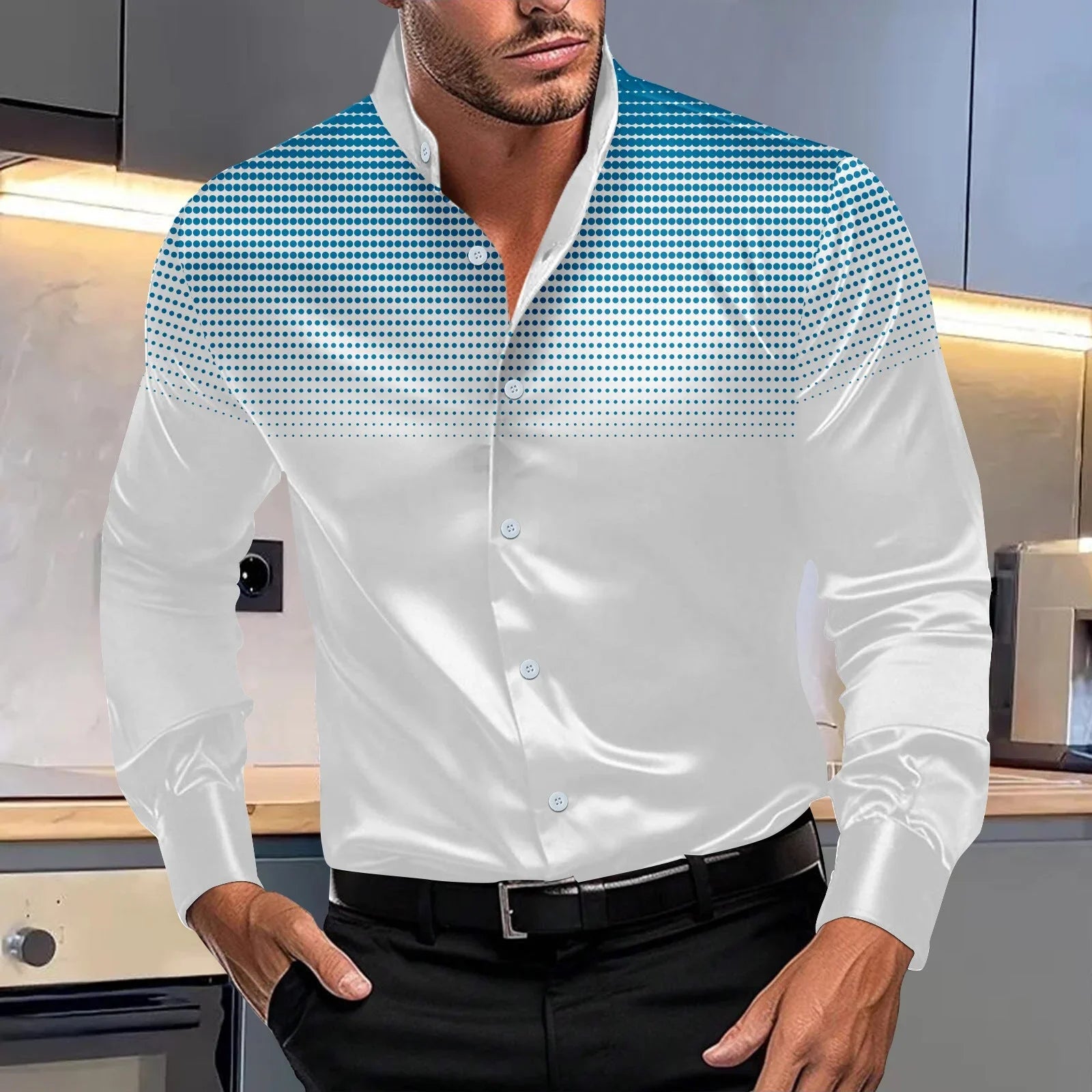 Four-sided Stretch Dotted Prints Daily Casual Stand Collar Long-sleeved Shirt - VAleG