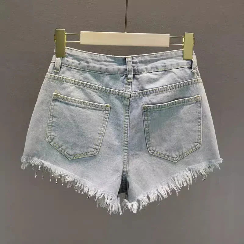 Summer High Waist Slimming Edging Heavy Industry Rhinestone Tassel Denim Shorts - VAleG