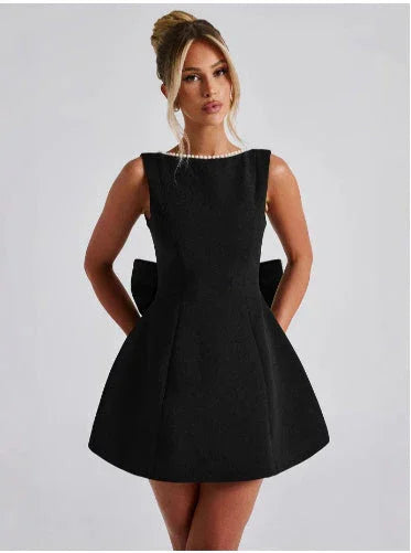 Fashion Big-Bowed Pearls Backless Dress Summer Slim Sleeveless A-line Dresses For Party Evening Women's Clothing - VAleG