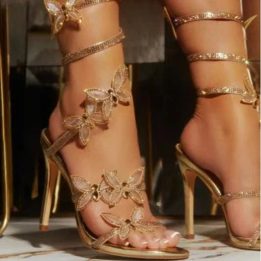 Sexy Fashion Rhinestone Shiny Butterfly Stiletto Heel Stiletto Strap Winding Sandals - VAleG