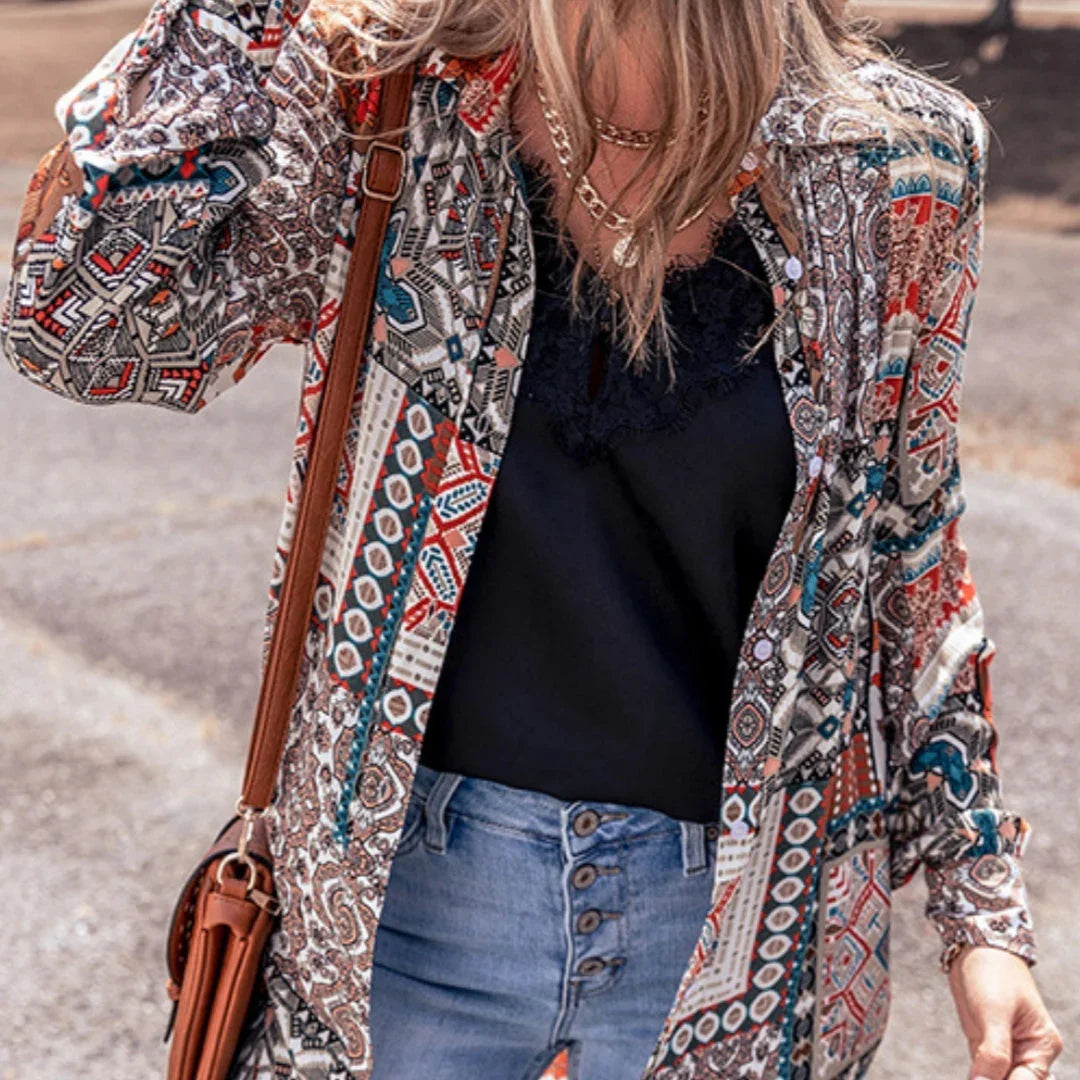 Printed Beach Cardigan Long Sleeve Top - VAleG