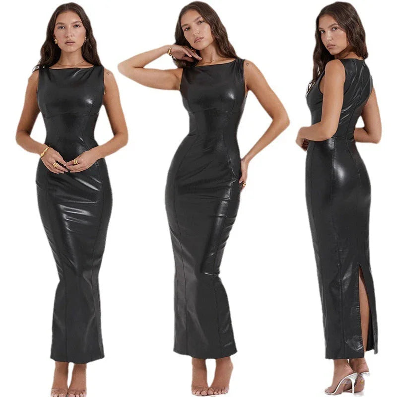 European And American Style Women Dress Autumn New PU Leather Skirt Amazon Split Long Dress - VAleG