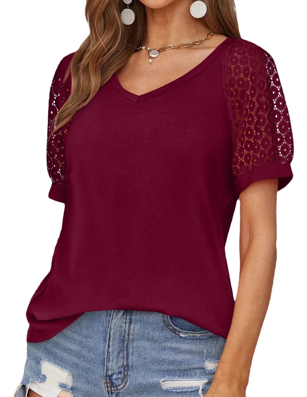 V-neck Lace Stitching Casual T-shirt For Women - VAleG