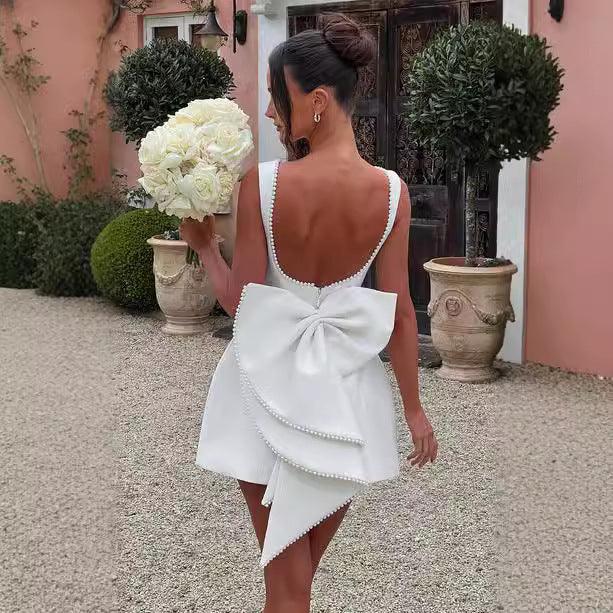 Fashion Big-Bowed Pearls Backless Dress Summer Slim Sleeveless A-line Dresses For Party Evening Women's Clothing - VAleG
