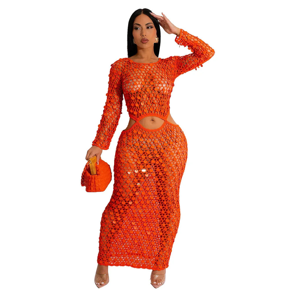 Casual Hollowed Out Sequin Beach Dress - VAleG