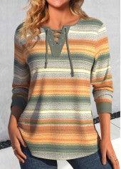 Printed Contrast Color V-neck Long Sleeve T-shirt - VAleG
