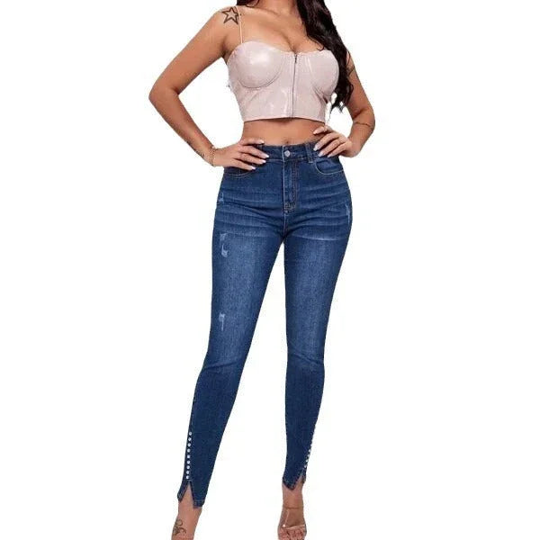 Slim Fit Patchwork High Waist Stretch Jeans - VAleG